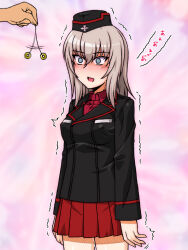 Rule 34 | 1girl, 1other, @ @, afterimage, black headwear, black jacket, blue eyes, blush, coin, commentary request, cowboy shot, dress shirt, empty eyes, garrison cap, girls und panzer, grey hair, hat, holed coin, hypnosis, insignia, itsumi erika, jacket, kuromorimine military uniform, long sleeves, looking to the side, medium hair, military hat, military uniform, mind control, miniskirt, motion lines, oosaka kanagawa, open mouth, out of frame, partial commentary, pleated skirt, red shirt, red skirt, saliva, shirt, skirt, standing, trembling, uniform, wing collar