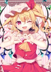 Rule 34 | 1girl, :d, absurdres, animal ears, arms up, ascot, blonde hair, blush, border, commentary request, fang, flandre scarlet, floppy ears, gunjou row, hat, hat ribbon, head tilt, heart, heart hands, heart of string, highres, kemonomimi mode, lace, lace border, light blush, looking at viewer, mob cap, nail polish, open mouth, ornate border, pink background, pink hat, pink shirt, puffy short sleeves, puffy sleeves, rabbit ears, red eyes, red nails, red skirt, red vest, ribbon, shirt, short hair, short sleeves, side ponytail, skirt, slit pupils, smile, solo, standing, striped, striped background, touhou, upper body, vertical stripes, vest, wings, yellow ascot