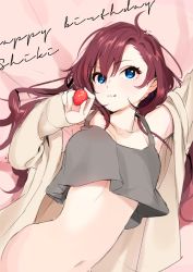 Rule 34 | 10s, 1girl, bad id, bad twitter id, blue eyes, blush, breasts, brown hair, cardigan, character name, commentary request, eyelashes, food, fruit, grey shirt, happy birthday, hip focus, holding, holding food, holding fruit, homua, ichinose shiki, idolmaster, idolmaster cinderella girls, long hair, looking at viewer, looking to the side, lying, medium breasts, midriff, navel, on back, open cardigan, open clothes, shirt, smile, solo, strawberry, wavy hair