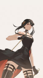 1girl black_dress black_gloves black_hair capybara_(trafficcone09) commentary cowboy_shot dagger dress earrings eyes_visible_through_hair flower from_below gloves gold_earrings hair_ornament highres holding holding_weapon jewelry knife looking_at_viewer red_eyes rose sidelocks simple_background solo spy_x_family stiletto_(weapon) two-sided_dress two-sided_fabric weapon white_background yor_briar