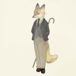 Rule 34 | absurdres, animal, animal focus, bell lumiere, black jacket, black necktie, closed mouth, clothed animal, commentary, dress shirt, english commentary, formal, fox, green eyes, highres, jacket, jurick (mobile suit), necktie, no humans, original, shirt, slit pupils, suit, tono (rt0no), vest, white shirt