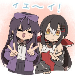 Rule 34 | 2girls, :3, black hair, black skirt, bow, closed mouth, collared shirt, commentary request, cookie (touhou), double v, dress, earrings, grey hair, hair between eyes, hair bow, hair ornament, hairclip, hakurei reimu, jacket, jacket on shoulders, jewelry, long bangs, long hair, looking at another, looking to the side, multicolored hair, multiple girls, nahori (hotbeans), neck ribbon, open mouth, purple bow, purple jacket, red bow, red ribbon, ribbon, shirt, shunga youkyu, skirt, sleeveless, sleeveless dress, smile, star (symbol), star earrings, star sapphire, touhou, translation request, two-tone hair, upper body, v, w, white shirt, yuyusu (cookie)