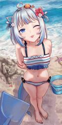Rule 34 | 1girl, absurdres, ahoge, alternate costume, arms behind back, barefoot, beach, bikini, blue hair, blue nails, blush, breasts, bucket, collarbone, commentary, day, english commentary, feet, fins, fish tail, flower, foreshortening, frilled bikini, frills, gawr gura, grey hair, hair flower, hair ornament, highres, hololive, hololive english, jedd (jeddisorange), legs, legs together, looking at viewer, medium hair, multicolored bikini, multicolored clothes, multicolored hair, nail polish, navel, one eye closed, outdoors, petite, pov, sand, sand castle, sand sculpture, shadow, shark girl, shark tail, shovel, sidelocks, small breasts, solo, standing, starfish, streaked hair, striped bikini, striped clothes, swimsuit, tail, thighs, toenail polish, toenails, toes, tongue, tongue out, two side up, virtual youtuber, water