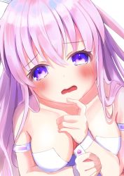 Rule 34 | animal ears, bare arms, bare shoulders, blush, bracelet, breasts, close-up, cowlick, fake animal ears, highres, jewelry, leotard, long hair, looking at viewer, nepgear, neptune (series), open mouth, playboy bunny, ppppin55, purple eyes, purple hair, rabbit ears, solo
