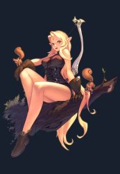 Rule 34 | 1girl, animal, bad id, bad pixiv id, bare legs, blonde hair, bow (weapon), breasts, brown gloves, elf, gloves, green eyes, highres, large breasts, long hair, looking at viewer, morry, open mouth, original, pointy ears, simple background, sitting, solo, weapon