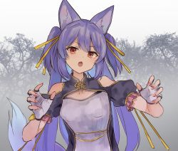Rule 34 | .live, 1girl, animal ears, fang, fingerless gloves, forest, gloves, hair ornament, highres, long hair, looking at viewer, nature, open mouth, orange eyes, ouka (yama), purple hair, rurun rururica, solo, tail, virtual youtuber, white background, wolf ears, wolf tail