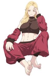Rule 34 | 1girl, abs, alternate costume, arm rest, barefoot, blonde hair, breasts, closed mouth, collarbone, crop top, detached sleeves, feet, forehead, foreshortening, guchiknight, hand on own face, hand on own leg, highres, impossible clothes, kiss-shot acerola-orion heart-under-blade, knees apart feet together, knees up, large breasts, leggings, looking at viewer, loose pants, midriff, monogatari (series), oshino shinobu, pants, pink lips, pointy ears, red pants, red sleeves, simple background, sitting, sleeveless, slit pupils, solo, spread toes, toenails, toes, toned, white background, yellow eyes