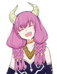 Rule 34 | 1girl, aura (sousou no frieren), bare shoulders, black gloves, braid, breasts, cleavage, collarbone, demon girl, demon horns, elbow gloves, gloves, gold necklace, horns, large breasts, low-braided long hair, low-tied long hair, multiple braids, mutsu xxxx, necklace, open mouth, pink hair, simple background, smile, sousou no frieren, teeth, twin braids, upper teeth only, white background