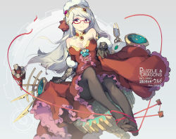 Rule 34 | 1girl, bare shoulders, black gloves, black pantyhose, breasts, cleavage, detached collar, dress, elbow gloves, glasses, gloves, hat, highres, lace, lace gloves, long hair, looking at viewer, medium breasts, pantyhose, puzzle &amp; dragons, red-framed eyewear, red dress, red eyes, red ribbon, ribbon, semi-rimless eyewear, silver hair, sitting, smile, solo, tennohi, urd (p&amp;d)