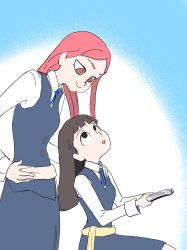Rule 34 | 2020, andra san9, book, breasts, brown hair, closed mouth, elfriede (little witch academia), hand on another&#039;s shoulder, hand on own hip, happy, highres, holding, holding book, little witch academia, long hair, long sleeves, looking at another, looking down, looking up, luna nova school uniform, open mouth, red eyes, red hair, sarah bernhardt, school uniform, sitting, small breasts, smile, standing, tagme, teeth, textless version, tongue, trigger (company), twitter