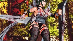 Rule 34 | 1girl, 3d, apron, black hair, black leotard, blood, breasts, butterfly swords, curvy, defeat, forest, highleg, highleg leotard, highres, holding, holding weapon, iroha (samurai spirits), large breasts, leotard, lips, lying, maid, maid headdress, moaning, nature, ryona, samurai spirits, screencap, shiny skin, short hair, skindentation, solo, thighhighs, third-party edit, thong leotard, weapon, wide hips