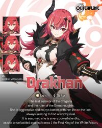 Rule 34 | 1girl, armor, black armor, character request, drakhan (outerplane), dress, female focus, highres, horns, long hair, official art, outerplane, red eyes, red hair, very long hair, white dress