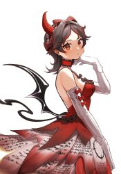 Rule 34 | 1girl, black hair, black ribbon, collar, demon horns, demon tail, demon wings, dress, elbow gloves, frilled dress, frills, gloves, highres, horns, korean commentary, looking at viewer, lucia: plume (punishing: gray raven), lucia (punishing: gray raven), maid headdress, medium hair, multicolored hair, myam (123ab456c), parted bangs, parted lips, punishing: gray raven, red collar, red dress, red eyes, red hair, red ribbon, ribbon, single horn, slit pupils, solo, streaked hair, suspenders, tail, torn clothes, torn dress, white background, white gloves, wings