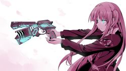Rule 34 | 1girl, absurdres, aiming, blunt bangs, bracelet, closed mouth, dominator (gun), flask (pandora), from side, frown, glowing, glowing eyes, gun, highres, holding, holding gun, holding weapon, jacket, jewelry, kotonoha akane, long hair, long sleeves, monochrome, psycho-pass, solo, spot color, trigger discipline, upper body, voiceroid, weapon, white background