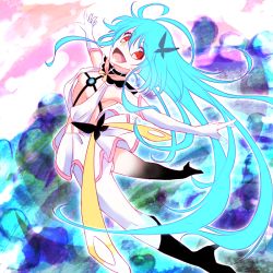 Rule 34 | 1girl, :d, asymmetrical legwear, blue hair, boots, breasts, butterfly hair ornament, elbow gloves, eyebrows, flip flappers, gloves, gyuunyuukeepaa, hair ornament, high heels, long hair, open mouth, outline, outstretched arms, papika (flip flappers), petite, pure barrier, red eyes, small breasts, smile, solo, spread arms, underboob, uneven legwear, very long hair