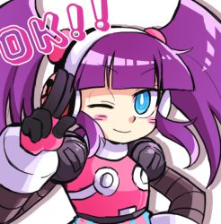 Rule 34 | !, 1girl, android, blue eyes, blush, call (mighty no. 9), call d, english text, hairband, headphones, joints, long hair, mighty no. 9, one eye closed, purple hair, robot, robot joints, simple background, solo, text focus, twintails, white background, wink