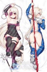 Rule 34 | 1girl, arm up, armor, armpits, ass, backless outfit, bare shoulders, bed sheet, between buttocks, black dress, black footwear, black ribbon, blonde hair, blush, boots, breasts, chain, cleft of venus, clothes pull, collar, collarbone, cosplay, cu chulainn (fate), cu chulainn (fate/stay night), cu chulainn (fate/stay night) (cosplay), cuddly octopus, dakimakura (medium), detached sleeves, dress, dress pull, eyepatch, fate/kaleid liner prisma illya, fate (series), full body, gae bolg (fate), gluteal fold, hair ribbon, hair tubes, hand on own chest, illyasviel von einzbern, krokobyaka, long hair, looking at viewer, looking back, low-tied long hair, low ponytail, lying, medusa (fate), medusa (rider) (fate), medusa (rider) (fate) (cosplay), multiple views, nipples, no panties, on back, on stomach, polearm, purple eyes, pussy, ribbon, short dress, shoulder armor, shoulder blades, single detached sleeve, small breasts, spear, strapless, strapless dress, thigh boots, thigh strap, thighhighs, very long hair, weapon