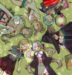 6+girls absurdres beret bindi black_hair blonde_hair bow_hairband bungo_yayoi coat crab_claw dsa791356 earrings fake_horns green_hair hair_bun hair_over_one_eye hairband hat heaven_burns_red highres horns indian jewelry long_hair lying maruyama_kanata multiple_girls ogasawara_hisame ooshima_yotsuha open_mouth pleated_skirt ponytail ribbon school_uniform shirt short_hair skirt tenne_miko thighhighs triangle_earrings twintails vritika_balakrishnan white_coat white_hair witch_hat yellow_eyes