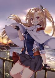 Rule 34 | 1girl, arm support, azur lane, black gloves, blonde hair, breasts, capelet, cleveland (azur lane), cloud, cloudy sky, commentary request, fingerless gloves, gloves, hand gesture, kaorihero, leaning back, looking at viewer, medium hair, midriff peek, morning, ocean, one eye closed, one side up, outdoors, pleated skirt, railing, red eyes, short sleeves, sidelocks, skirt, sky, small breasts, smile, solo, standing, sunburst, sunrise, torii