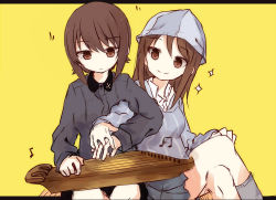 Rule 34 | 10s, 2girls, beamed semiquavers, black skirt, blue shirt, brown eyes, brown hair, crossed legs, dress shirt, fud, girls und panzer, grey legwear, grey shirt, grey skirt, highres, holding hands, instrument, kantele, long hair, long sleeves, looking at another, mika (girls und panzer), miniskirt, multiple girls, musical note, nishizumi maho, pleated skirt, quaver, school uniform, shirt, short hair, side-by-side, simple background, sitting, skirt, smile, socks, sparkle, striped clothes, striped shirt, vertical-striped clothes, vertical-striped shirt, white shirt, yellow background, yuri