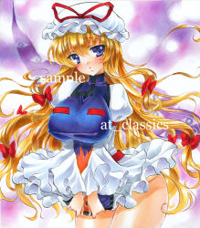 Rule 34 | 1girl, :o, at classics, blonde hair, blush, bow, breasts, covered erect nipples, dress, dress tug, female focus, frilled dress, frills, gap (touhou), hair bow, head tilt, hip focus, huge breasts, impossible clothes, large breasts, leaning forward, long hair, looking at viewer, marker (medium), parted lips, purple eyes, ribbon, sample watermark, shirt, solo, taut clothes, taut shirt, thighs, touhou, traditional media, very long hair, watermark, wide hips, yakumo yukari