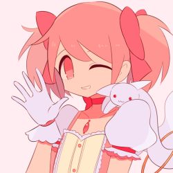 Rule 34 | 1girl, beige background, buttons, center frills, choker, collarbone, creature, creature on shoulder, dot nose, flat chest, frilled sleeves, frills, gloves, hair between eyes, hair ribbon, hand up, kaname madoka, kyubey, looking at viewer, mahou shoujo madoka magica, mahou shoujo madoka magica (anime), on shoulder, pink eyes, pink hair, pink ribbon, pink theme, puffy short sleeves, puffy sleeves, red choker, ribbon, short sleeves, simple background, smile, solo, soul gem, twintails, upper body, waving, white gloves, yuri7s0