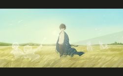 Rule 34 | 1boy, belt, black hair, black pants, commentary request, ghost, hair over eyes, highres, horizon, letterboxed, outdoors, pants, shirt, shirt tucked in, short hair, solo, standing, the catcher in the rye, white shirt, wind, yutsukidayo