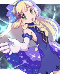 Rule 34 | 1girl, blonde hair, blunt bangs, braid, creatures (company), donguri big, dress, elbow gloves, eyelashes, flower, gala dress, game freak, gloves, green eyes, hair flower, hair ornament, headband, highres, jewelry, lillie (anniversary 2021) (pokemon), lillie (pokemon), long hair, looking at viewer, neck ring, nintendo, open mouth, outstretched hand, pokemon, pokemon masters ex, purple dress, purple headband, sky, sleeveless, sleeveless dress, smile, solo, star (sky), starry sky, teeth, twin braids, upper teeth only, white gloves