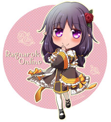 Rule 34 | 1girl, arch bishop (ragnarok online), black footwear, black hair, blush, bow, breasts, brown dress, chibi, circle, closed mouth, commentary request, copyright name, cross, dress, dress bow, flower, frilled dress, frilled sleeves, frills, full body, hair flower, hair ornament, large breasts, leaf hair ornament, long hair, looking at viewer, official alternate costume, pantyhose, pelvic curtain, pink background, pointy ears, polka dot, purple eyes, ragnarok online, red flower, red rose, rose, shoes, smile, solo, split mouth, takaha momo, two-tone dress, white dress, white pantyhose, yellow bow
