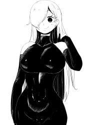 Rule 34 | 1girl, absurdres, bare shoulders, bodysuit, breasts, coffing, covered navel, curvy, earrings, elbow gloves, elizabeth liones, gloves, highres, jewelry, large breasts, long hair, monochrome, nanatsu no taizai, sketch, smile, solo, very long hair, white background
