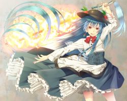 Rule 34 | 1girl, :q, arm up, bad id, bad pixiv id, blue hair, earrings, female focus, food, fruit, hat, hinanawi tenshi, holding, jewelry, long hair, ogino (oginogino), outstretched arm, peach, red eyes, solo, sword of hisou, tongue, tongue out, touhou