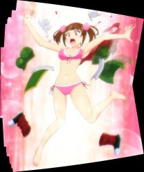Rule 34 | 1girl, absurdres, barefoot, blush, boots, bra, breasts, brown hair, cameltoe, unworn clothes, fang, feet, frilled bra, frilled panties, frills, highres, large breasts, machiya yuina, navel, open mouth, panties, pastel memories, pink bra, pink panties, red eyes, shoes, unworn shoes, side-tie panties, solo, sparkle background, underwear, underwear only