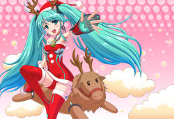 Rule 34 | 1girl, antlers, aqua eyes, aqua hair, armpits, chaki-yam, cloud, detached sleeves, earrings, hat, hatsune miku, horns, jewelry, long hair, open mouth, outstretched arm, reindeer, riding, sakiyamama, santa costume, santa hat, shorts, sitting, solo, star (symbol), thighhighs, twintails, very long hair, vocaloid