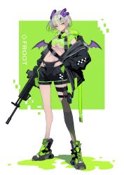 Rule 34 | 1girl, black jacket, black panties, black shorts, black thighhighs, breasts, apricot the lich, character name, cropped hoodie, demon girl, demon horns, demon wings, gloves, green eyes, green footwear, green gloves, green hair, green hoodie, gun, hair ornament, hand in pocket, highres, holding, holding gun, holding weapon, hood, hoodie, horns, jacket, long hair, looking at viewer, medium breasts, medium hair, mochimochi 589, multicolored hair, navel, panties, pointy ears, rifle, shoes, short shorts, shorts, single thighhigh, streaked hair, thighhighs, underwear, very long hair, virtual youtuber, vshojo, weapon, wings, x hair ornament