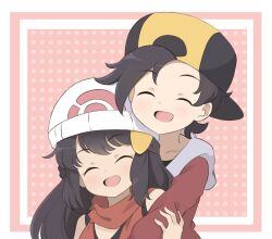 Rule 34 | 1boy, 1girl, backwards hat, baseball cap, black hair, chocomiru, closed mouth, creatures (company), dawn (pokemon), ethan (pokemon), game freak, hair ornament, hairclip, hat, height difference, hug, hug from behind, multicolored clothes, multicolored headwear, nintendo, open mouth, pokemon, pokemon dppt, pokemon hgss, red scarf, scarf, smile, upper body, white hood