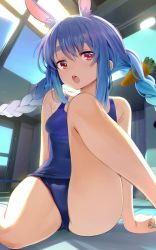 Rule 34 | 1girl, absurdres, alternate costume, animal ear fluff, animal ears, arm support, bare arms, bare shoulders, blue hair, blue one-piece swimsuit, braid, breasts, carrot, carrot hair ornament, commentary request, covered navel, food-themed hair ornament, gradient hair, hair ornament, highres, hololive, indoors, knee up, long hair, looking at viewer, multicolored hair, one-piece swimsuit, open mouth, rabbit ears, seicoh, shadow, sidelocks, simple background, sitting, small breasts, solo, swimsuit, thighs, twin braids, twintails, usada pekora, virtual youtuber, yellow eyes