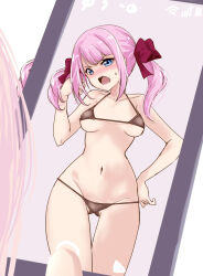 Rule 34 | 2girls, annoyed, assault lily, bare arms, bare shoulders, bikini, black bikini, blue eyes, blush, bow, breasts, cellphone, cellphone photo, collarbone, commentary, cowboy shot, groin, hair bow, halterneck, hand in own hair, hand on own hip, hand up, head tilt, highres, holding, holding phone, long hair, looking at viewer, medium breasts, micro bikini, multiple girls, navel, nose blush, open mouth, phone, pink background, pink hair, red bow, sadamori himeka, sidelocks, simple background, smartphone, solo focus, standing, stomach, string bikini, sweatdrop, swimsuit, taking picture, tanba akari, teeth, twintails, underboob, upper teeth only, urutsu sahari, v-shaped eyebrows, white background
