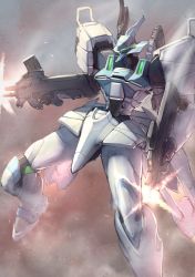 Rule 34 | dual wielding, firing, highres, holding, itaco, light trail, looking ahead, mecha, muv-luv, muv-luv alternative, no humans, robot, science fiction, solo, tactical surface fighter, type 97 fubuki