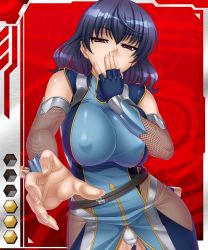 Rule 34 | 00s, 1girl, bare shoulders, belt, belt skirt, blue dress, blue gloves, blue hair, breasts, breasts squeezed together, card (hr), card (medium), card (red-hr), covered erect nipples, covering own mouth, covering privates, cowboy shot, detached sleeves, dress, female focus, fingerless gloves, fingernails, fishnets, foreshortening, gloves, gluteal fold, hair between eyes, half-closed eyes, hexagon, hip focus, impossible clothes, kagami hirotaka, large breasts, lilith-soft, long fingernails, looking at viewer, naughty face, ninja, official art, outstretched arm, panties, pantyshot, purple eyes, reaching, see-through, shinonome noa, short hair, single glove, skin tight, solo, standing, taimanin (series), taimanin asagi, taimanin asagi battle arena all card gallery, taimanin asagi kessen arena, taut clothes, underwear