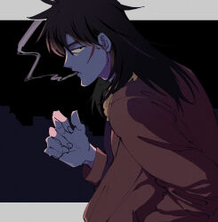 Rule 34 | 1boy, black eyes, black hair, bomber jacket, brown jacket, cigarette, closed mouth, commentary request, expressionless, facial scar, fingernails, half-closed eyes, highres, inudori, itou kaiji, jacket, kaiji, long hair, long sleeves, looking at viewer, looking to the side, male focus, medium bangs, profile, scar, scar on cheek, scar on ear, scar on face, smoking, solo, upper body
