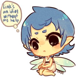 Rule 34 | 1girl, artist name, black eyes, blue hair, blush stickers, dress, english text, fairy, fairy wings, medium hair, navi, nintendo, onisuu, pointy ears, seiza, sitting, solo, sparkling eyes, the legend of zelda, the legend of zelda: ocarina of time, thinking, thought bubble, white background, white dress, wings