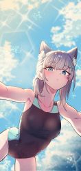 Rule 34 | 1girl, alternate hairstyle, animal ear fluff, animal ears, blue archive, blue eyes, blush, cloud, collarbone, competition swimsuit, earrings, from below, hair ornament, highres, jewelry, looking at viewer, looking down, one-piece swimsuit, shiroko (blue archive), shiroko (swimsuit) (blue archive), sky, solo, sunlight, swimsuit, ubo (dbsgurdbsk), x hair ornament