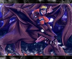 Rule 34 | 1boy, artist request, blurry, depth of field, english text, facial mark, fangs, fire, foreshortening, fox, full moon, glowing, glowing eyes, kitsune, kyuubi, kyuubi (naruto), letterboxed, male focus, moon, multiple tails, naruto, naruto (series), ninetails, one eye closed, orange pants, pants, pointing, pouch, saliva, smoke, solo, tail, thigh pouch, tongue, uzumaki naruto, whisker markings
