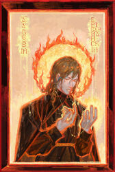 Rule 34 | 1boy, absurdres, alexei karamazov, arms up, black robe, brown hair, closed eyes, closed mouth, crying, curly hair, cyrillic, faux traditional media, fire, halo, high collar, highres, long hair, male focus, monk, painting (object), robe, russian text, sutekooooo, the karamazov brothers