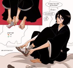 Rule 34 | 1girl, barefoot, bed, black hair, bleach, blue eyes, breasts, english text, floppydisk7000, hair between eyes, highres, japanese clothes, kuchiki rukia, long sleeves, looking at viewer, sandals, shinigami, short hair, small breasts, smile, socks, solo, undressing