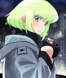 Rule 34 | 1boy, blush, can, canned coffee, coat, drink can, gloves, green hair, holding, holding can, jacket, lio fotia, looking at viewer, male focus, mittens, ns1123, open mouth, promare, purple eyes, scarf, short hair, solo