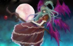 Rule 34 | 1girl, aqua hair, female focus, hair bobbles, hair ornament, hair over one eye, long hair, moon, multiple wings, mystic square, red eyes, shinki (touhou), side ponytail, solo, staff, touhou, touhou (pc-98), unco (f231057s), unco (pixiv457393), wings