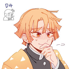 Rule 34 | 1boy, agatsuma zenitsu, black jacket, blush, chinese commentary, closed mouth, commentary request, ear blush, embarrassed, gakuran, hand up, highres, jacket, kimetsu no yaiba, long sleeves, male focus, mogutofuoes, orange hair, reference inset, school uniform, simple background, solo, sweat, upper body, white background, yellow eyes
