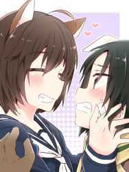 Rule 34 | 10s, 2girls, ahoge, animal ears, black hair, blush, brave witches, brown gloves, brown hair, clenched teeth, commentary, dog ears, closed eyes, gloves, green eyes, grin, hand on another&#039;s cheek, hand on another&#039;s face, heart, highres, kanno naoe, karibuchi hikari, military, military uniform, multiple girls, scarf, school uniform, serafuku, short hair, smile, squirrel ears, sweatdrop, teeth, uniform, world witches series, yasaka shuu, yuri