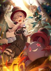Rule 34 | 1boy, 1girl, absurdres, animal ears, bird, black gloves, black headwear, blonde hair, bow, brother and sister, card, cat ears, cat girl, cat tail, facial mark, fire, genshin impact, gloves, hat, high heels, highres, long hair, looking at viewer, lynette (genshin impact), lyney (genshin impact), magic, magician, one eye closed, open mouth, pantyhose, pponnya, purple eyes, short hair, shorts, siblings, smile, star (symbol), tail, teardrop facial mark, tongue, top hat